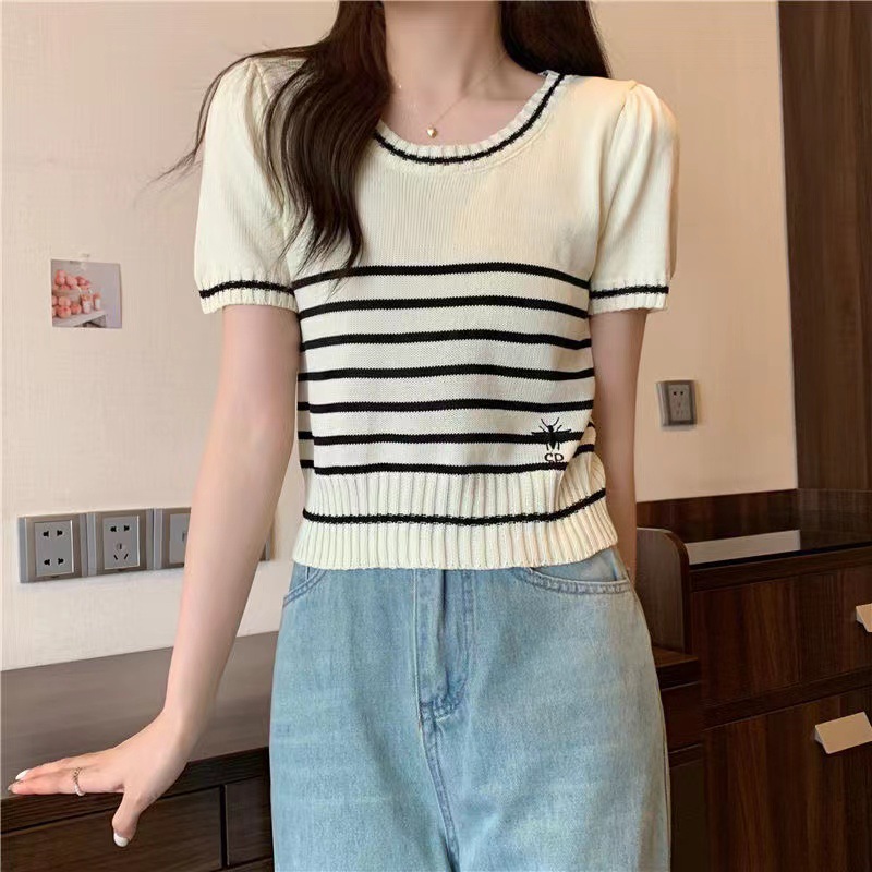Round neck striped short-sleeved sweater Women's summer thin sli